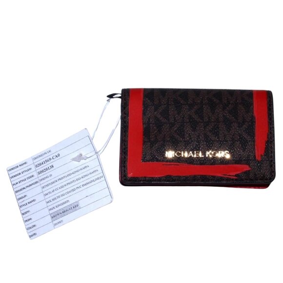 MICHAEL KORS Jet Set Travel Card Case Wallet MK Red Brown Leather NWT - Picture 1 of 7